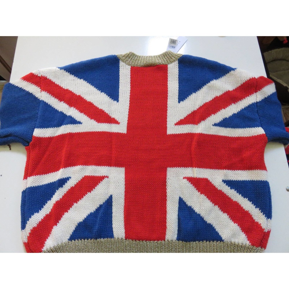 Topshop Union Jack Flag Sweater Gold Metallic Trim Red White Blue Size M NEW - Picture 12 of 15